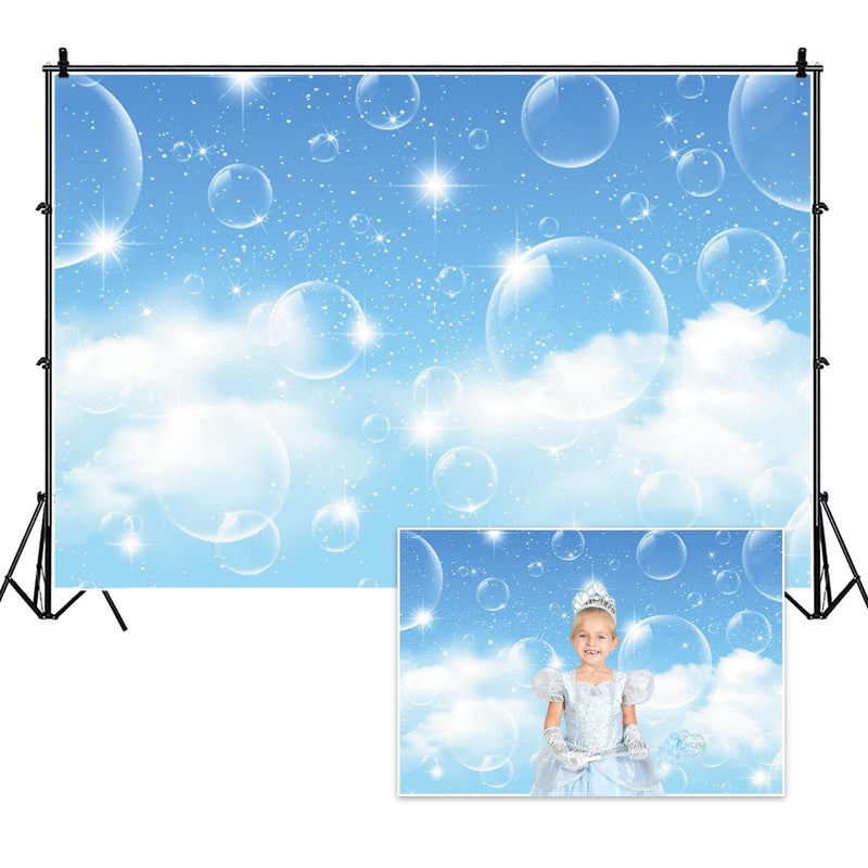 DORCEV 7x5ft Blue Sky Bubble Backdrop for Birthday Party Baby Shower Photography Background Sunny Blue White Cloud Sky Shiny Bubble Bridal Shower Party Banner Wallpaper Portraits Photo Studio Props - Image 1